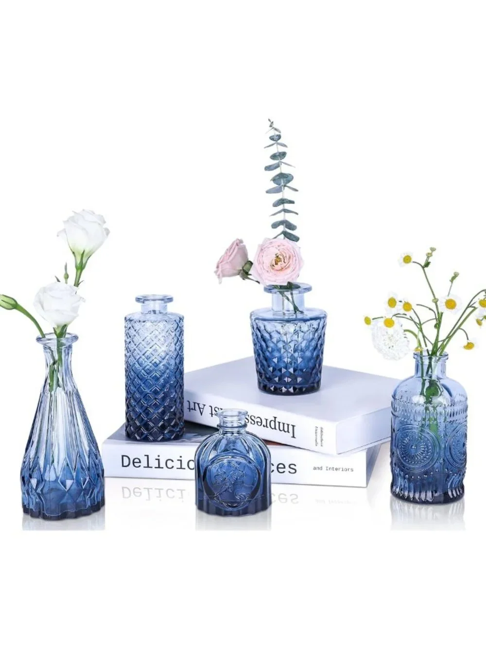 Set of 5 Mini Blue Glass Bud Vases | Vintage Floral Centerpieces for Weddings